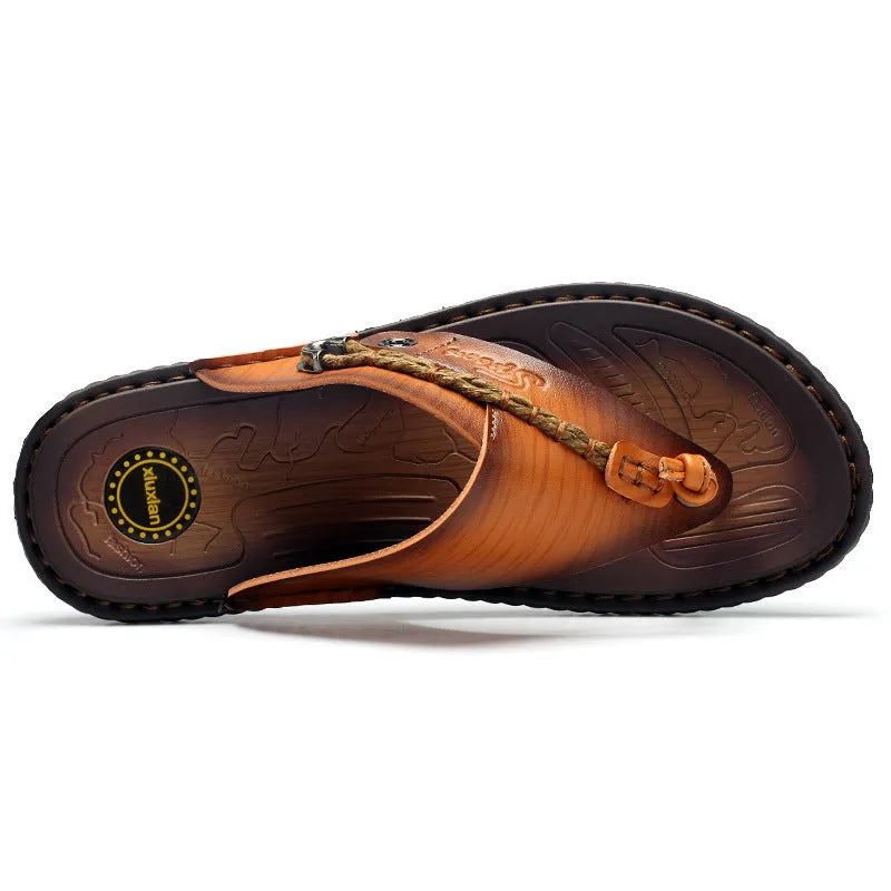 Men's herringbone pattern outdoor slippers in dark blue with leather lining and rubber sole