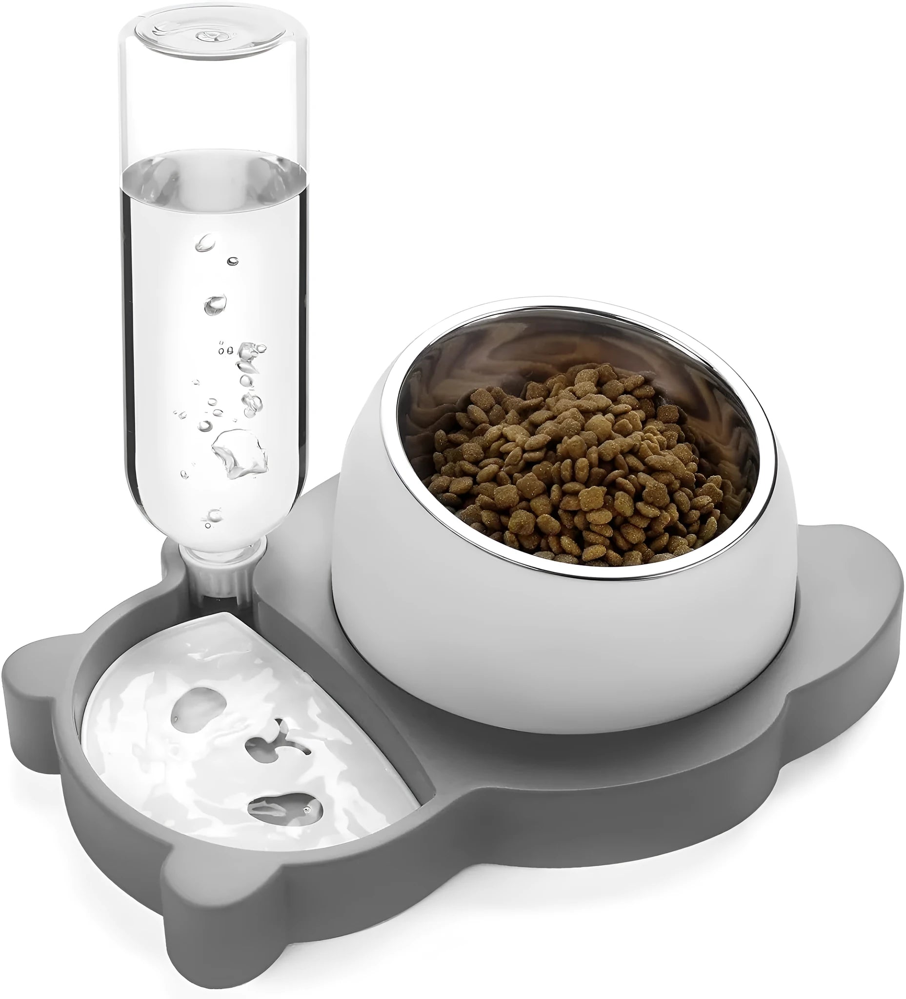 Grey panda-shaped pet feeder with tilted stainless steel bowls and a green automatic water bottle.