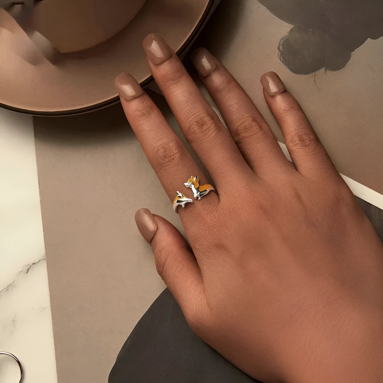 Silver ring with detailed cartoon corgi design in electroplated SCR1014-E colour for women