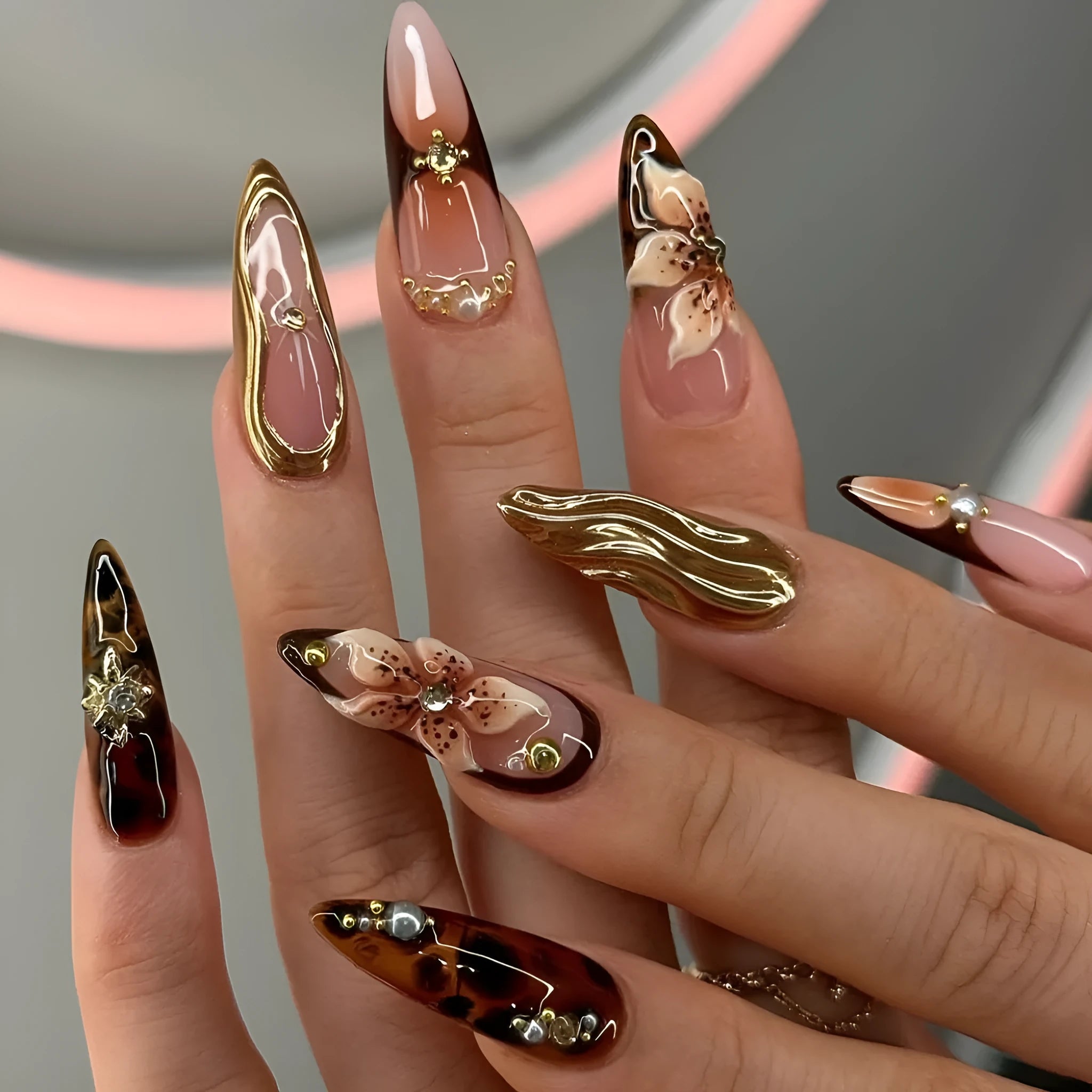 Women's press-on nails with sparkling floral design in colour XM325, medium length