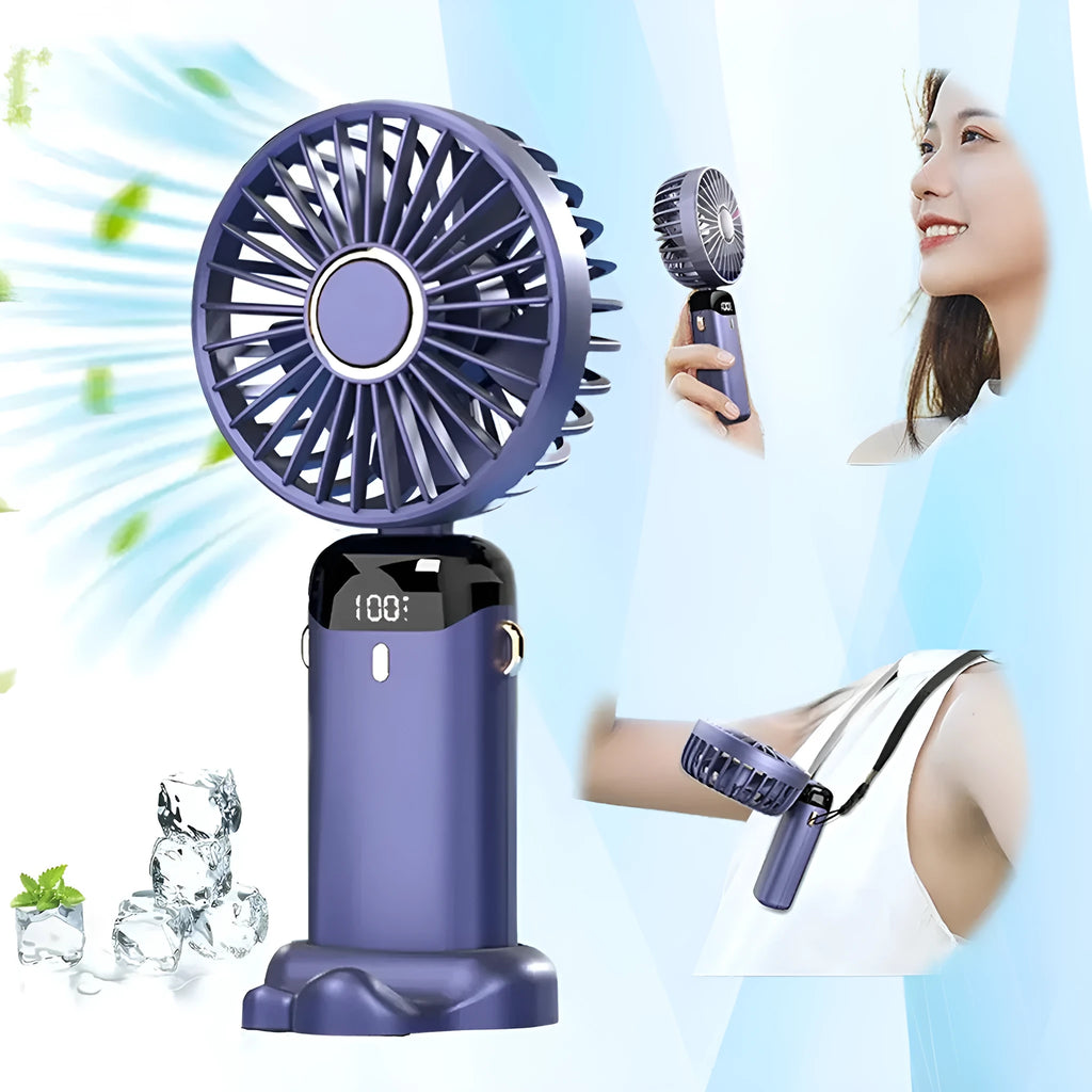 USB rechargeable mini portable fan in blue with 5 speed settings and digital display