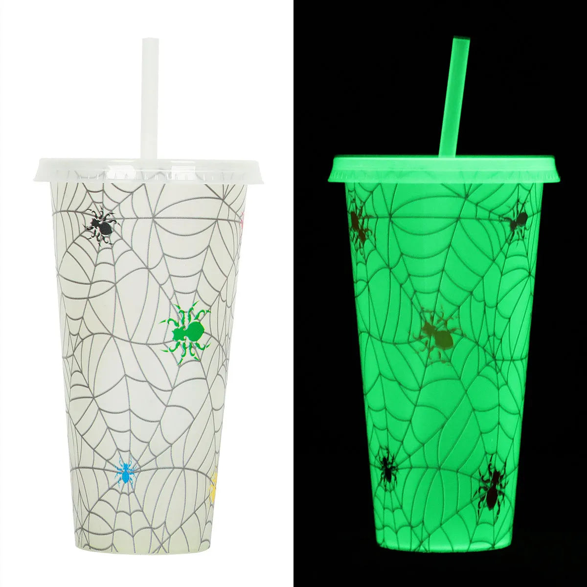 720ml Halloween luminous straw cup with cylindrical plastic design and built-in drinking straw
