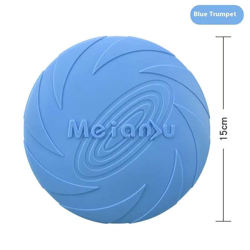Dogs Base soft rubber dog frisbee toy in red, blue, and green colours shown in small, medium, and large sizes.
