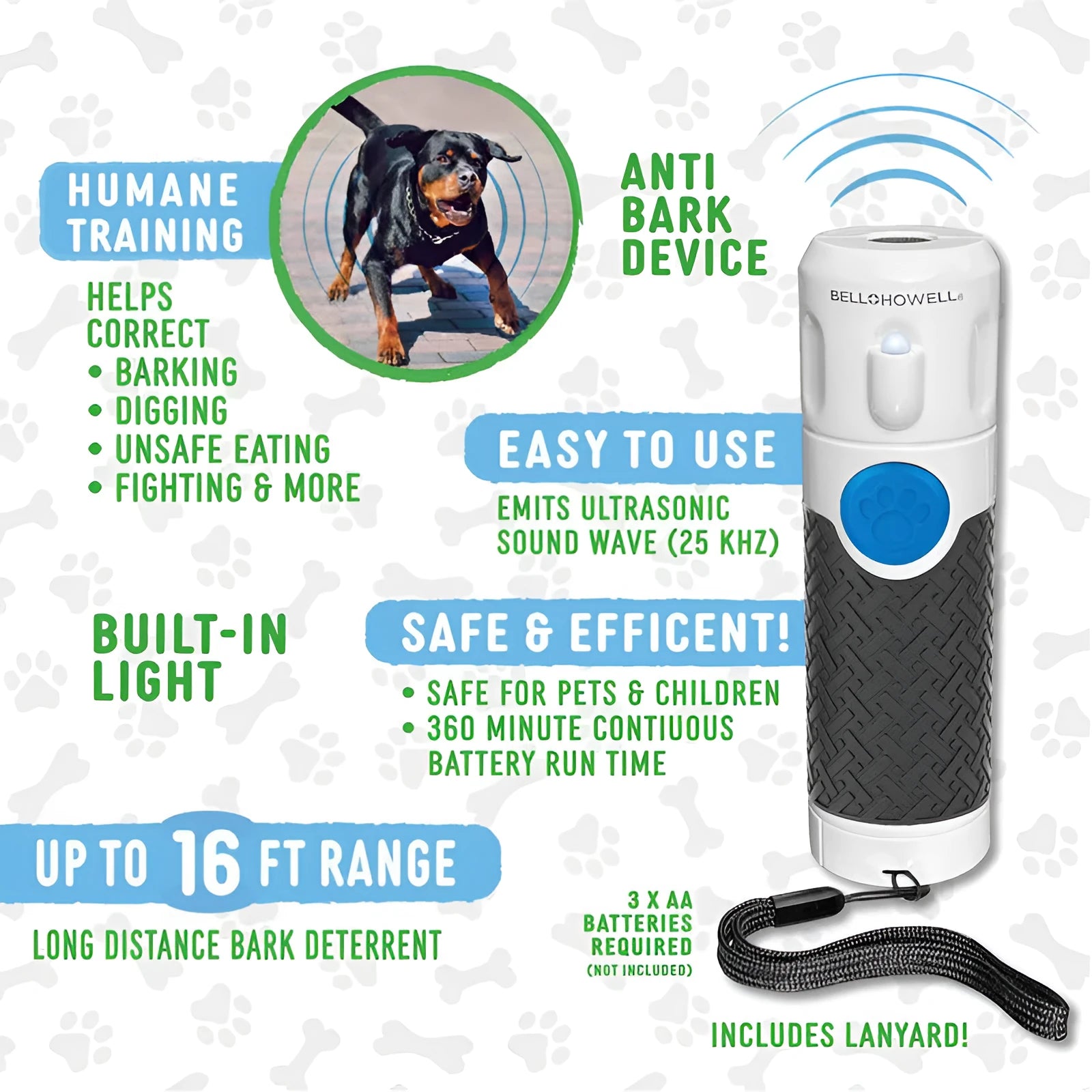 White handheld ultrasonic dog trainer bark stop device on a plain background.