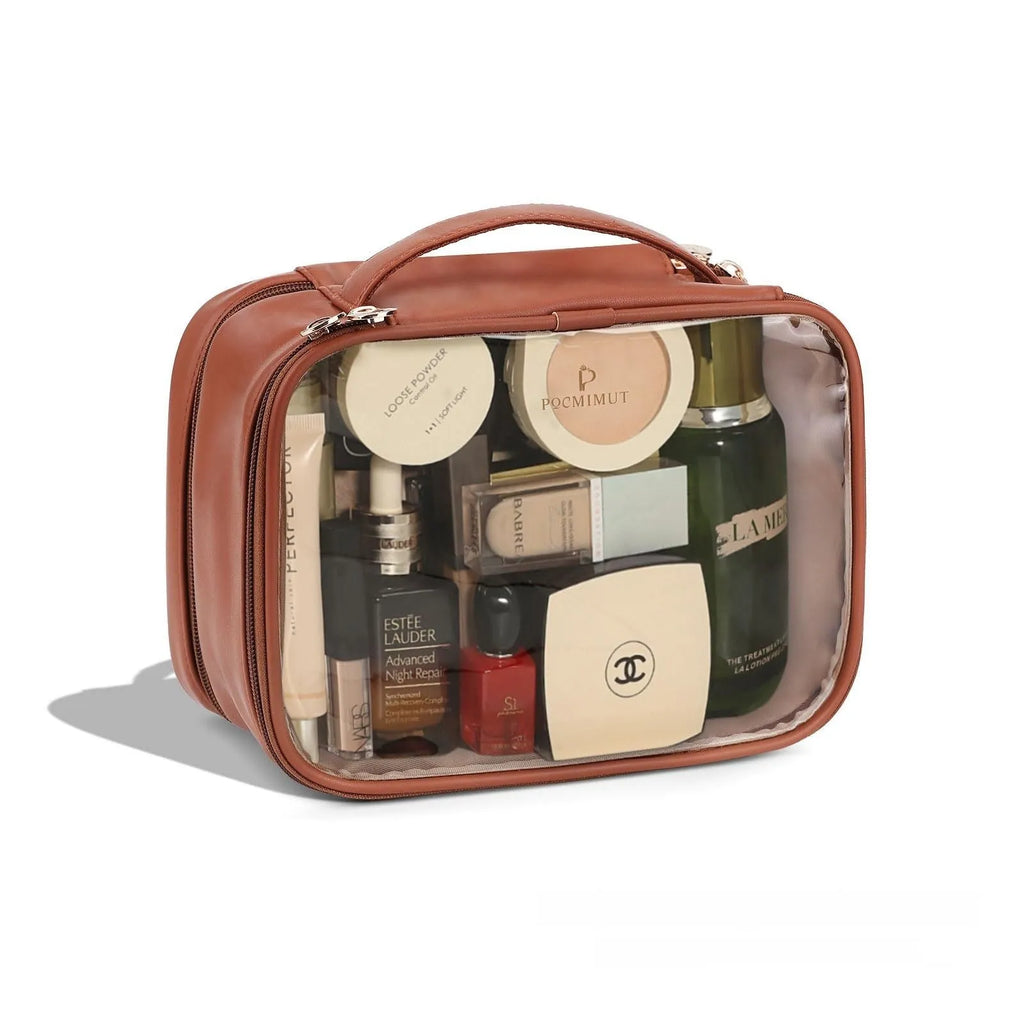 Transparent PVC leather cosmetic bag showing interior organisation and dry wet separation compartments.