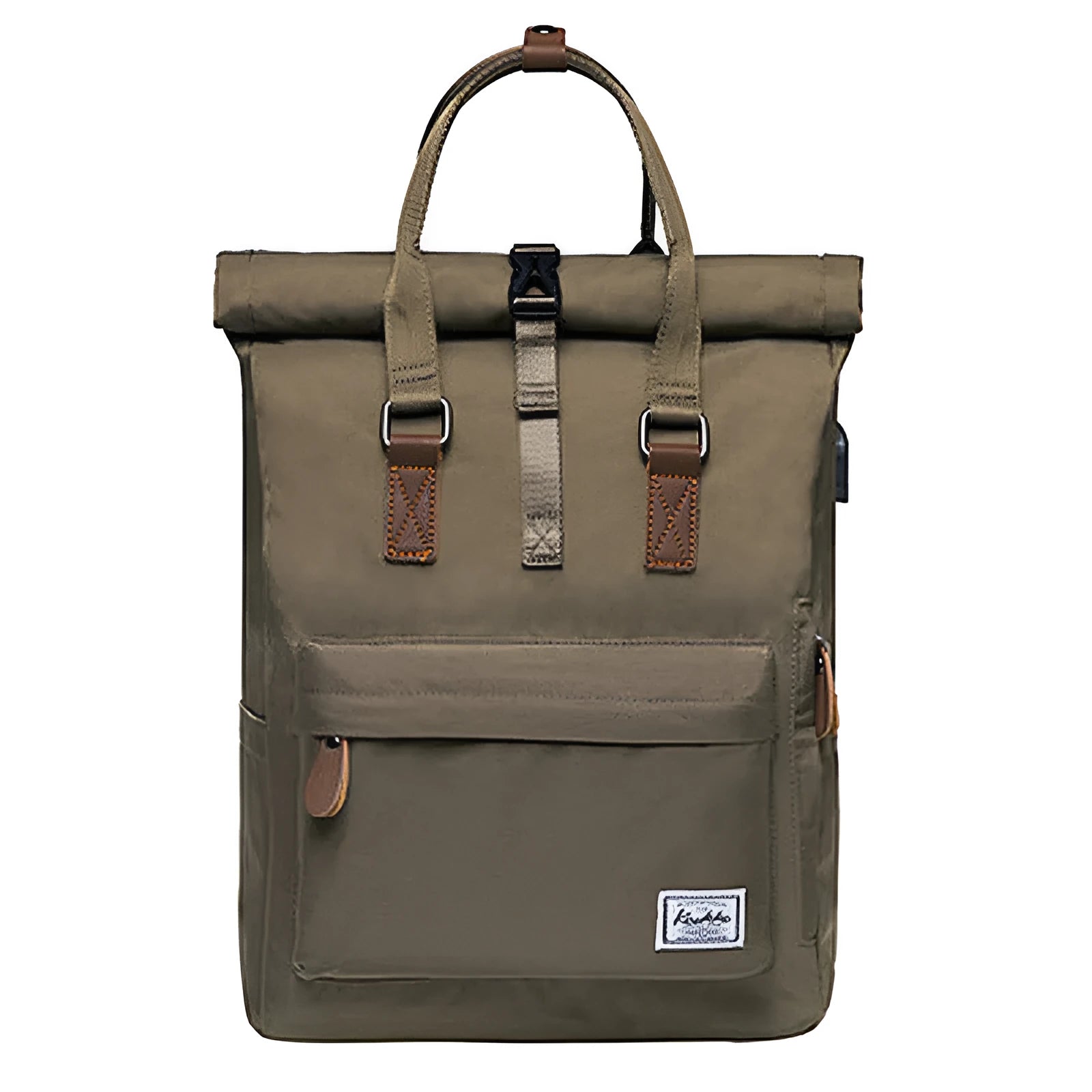 Casual polyester backpack with cover flap open, showing internal laptop pocket and zipper pocket.