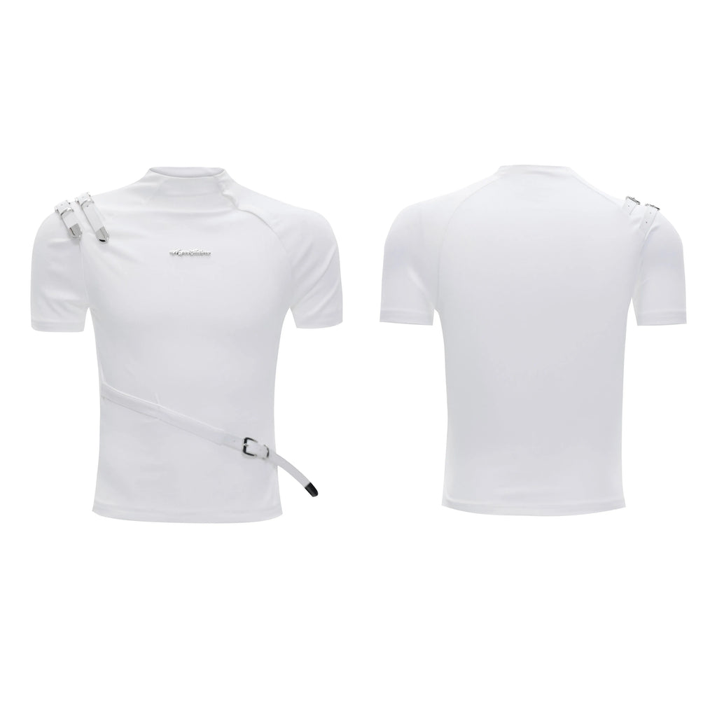 Men's black cotton T-shirt with metal belt design detail and stand-up collar in slim fit