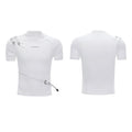 Men's black cotton T-shirt with metal belt design detail and stand-up collar in slim fit