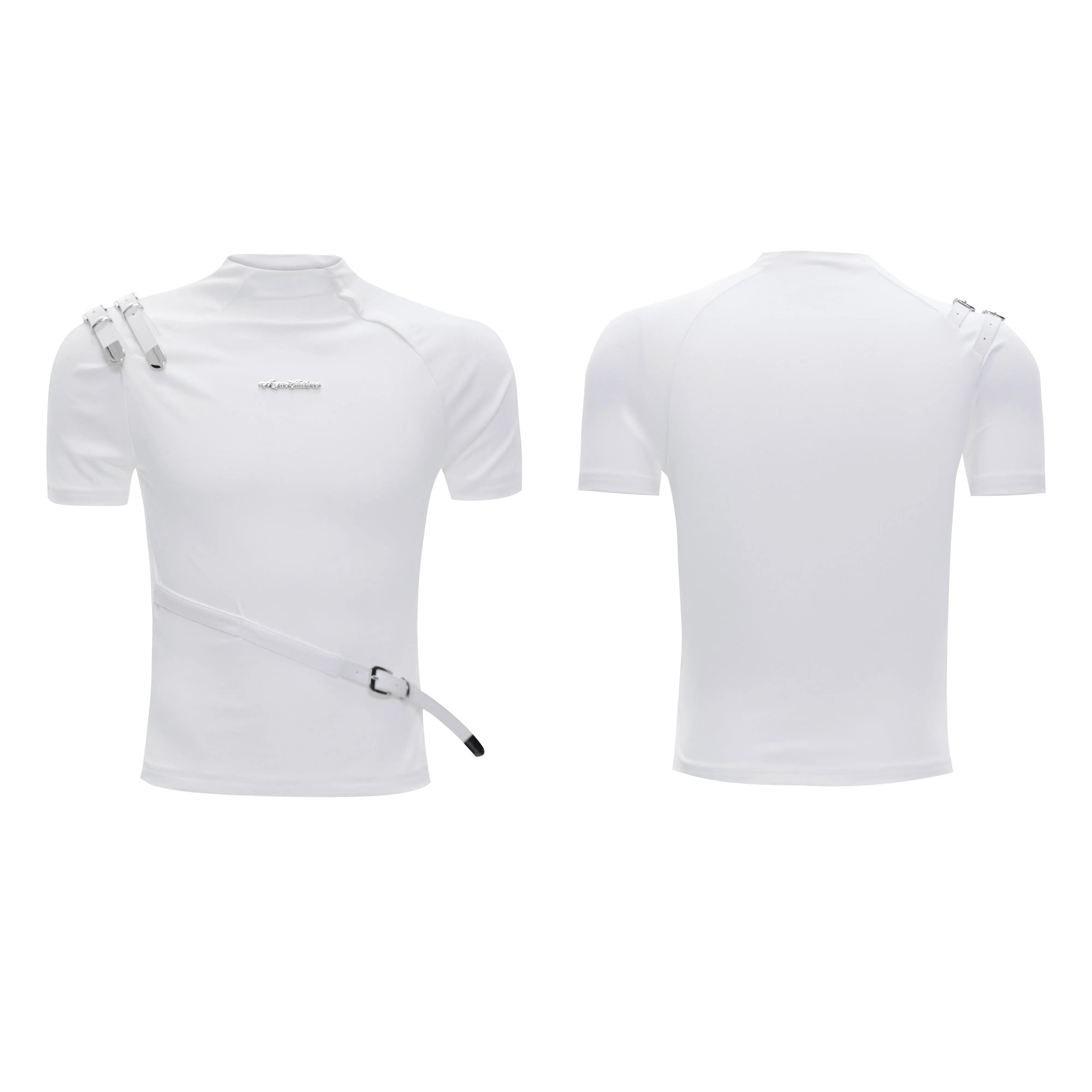 Men's black cotton T-shirt with metal belt design detail and stand-up collar in slim fit