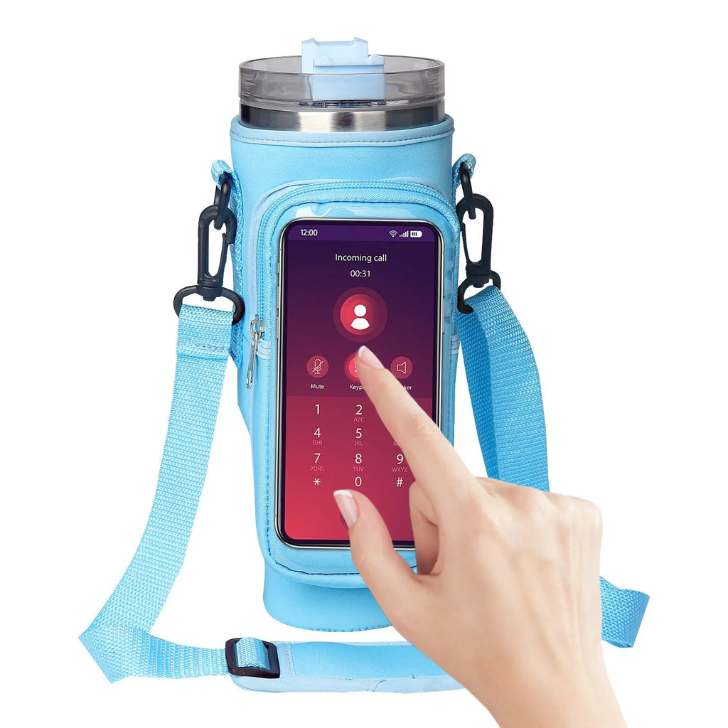 40oz neoprene water bottle pouch with transparent touch screen window and metal buckle