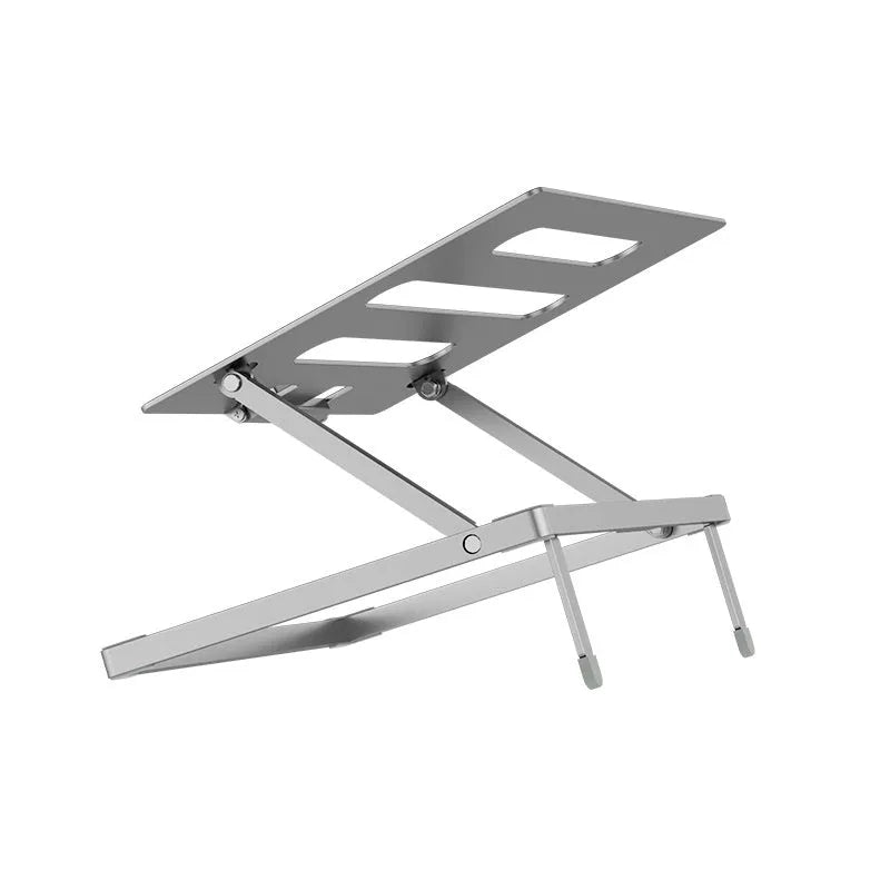 Aluminium alloy foldable laptop cooling stand showing dimensions and riser mechanism