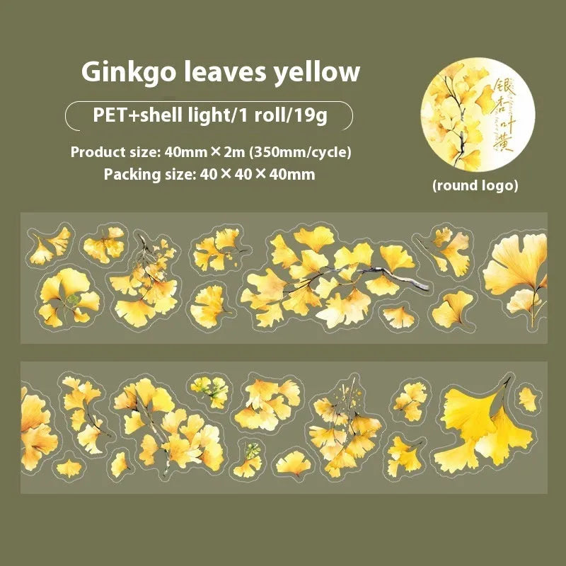 Roll of Deciduous Poetry Series 40mm wide decorative PET stickers showing six leaf designs including ginkgo and maple.