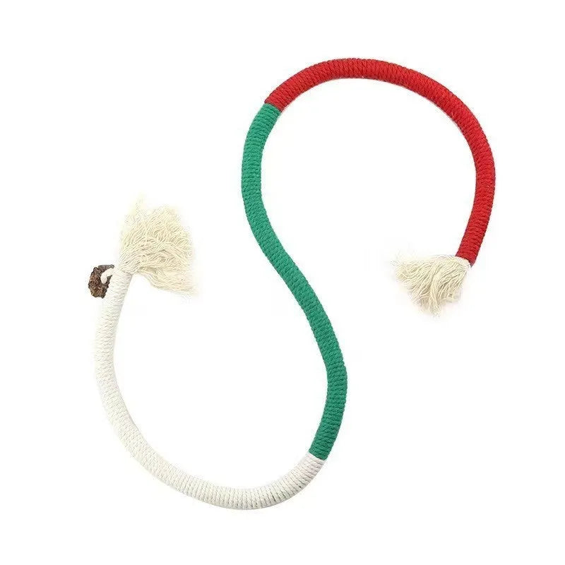70cm long cat bite rope toy in colours purple, orange, and red with green, made of cotton string.