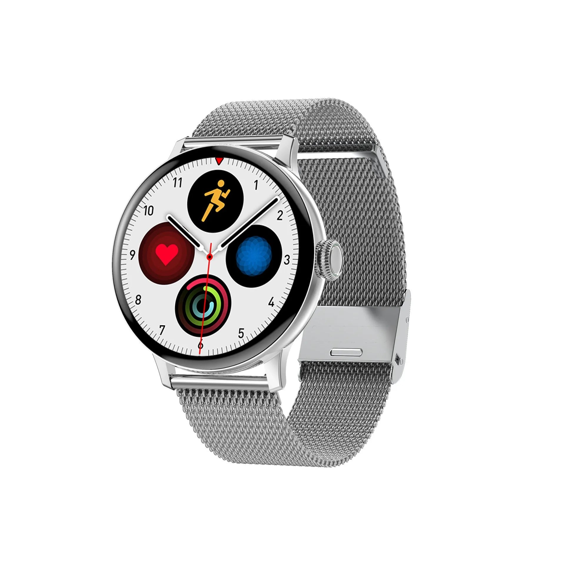 Bluetooth smart bracelet with round screen on a black metal bracelet strap, showing heart rate data.