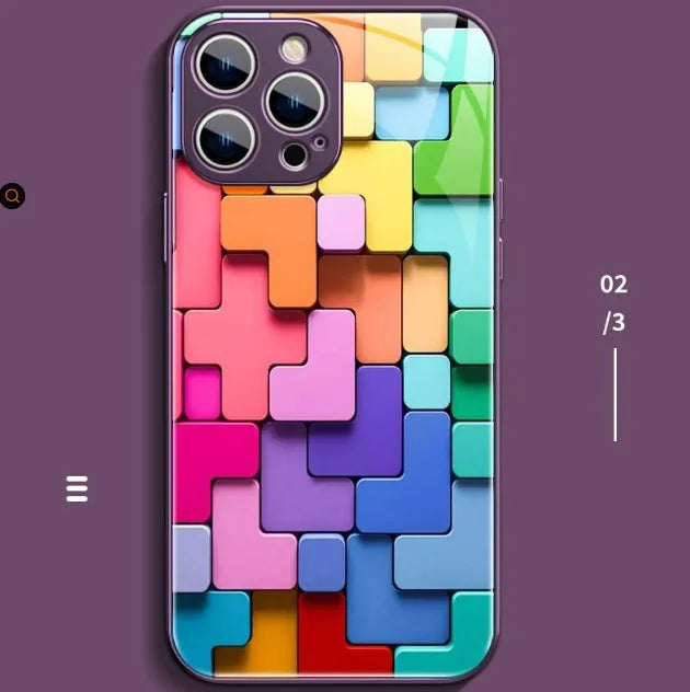 Colourful geometric building block design silicone case for iPhone on a white background.