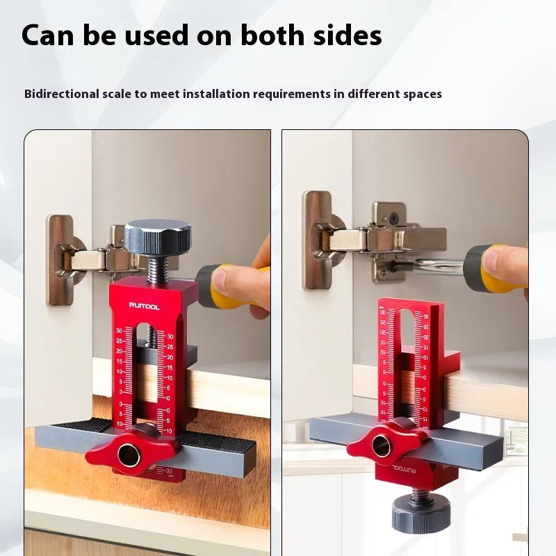 Aluminium alloy cabinet door installation aid for woodworking hinge alignment.