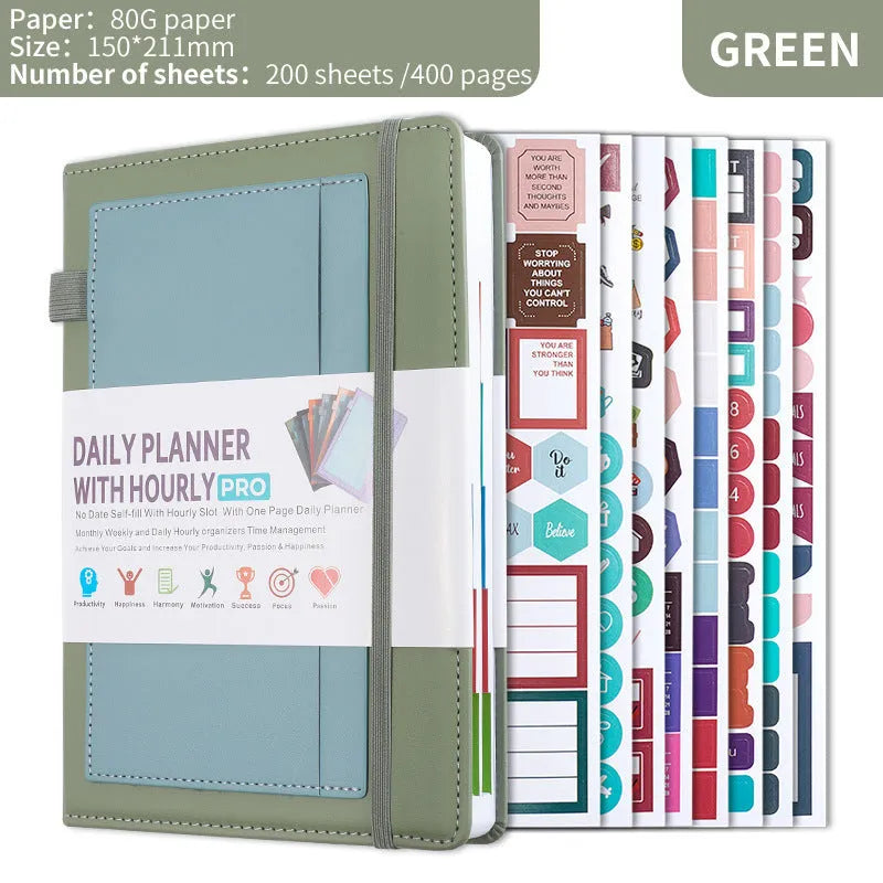 PU leather notebook with strap closure, shown open on 80g wood-free paper, available in purple, green, gray, black, pink, and orange.
