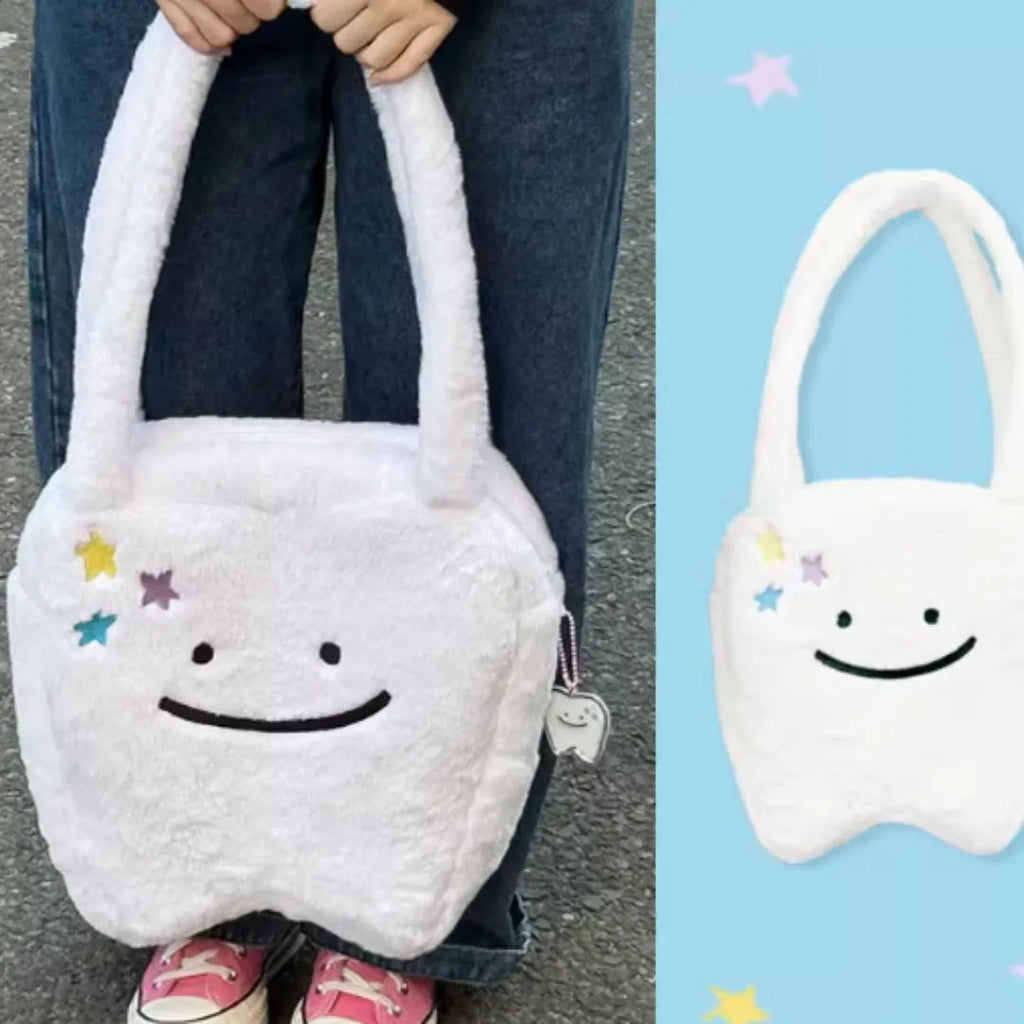Plush large tooth shoulder tote bag with cute teeth pattern and zipper closure