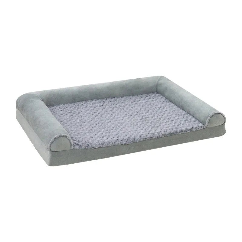 Light grey cloth dog kennel with fleece lining for a large dog, showing removable cover.