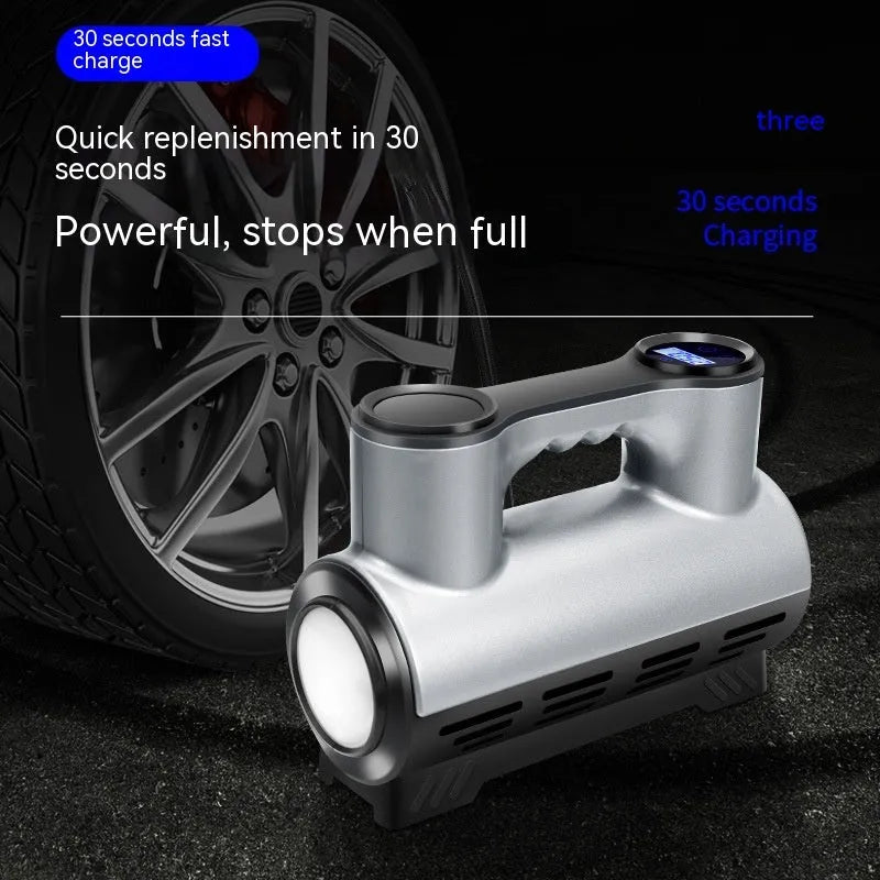 12V portable car tyre inflator with digital display, ABS housing, three air nozzles, and built-in lighting