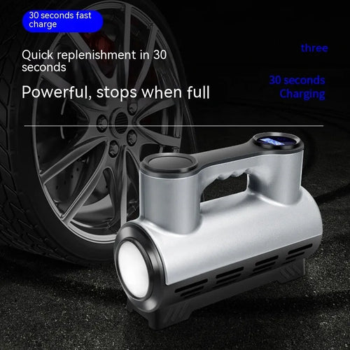 12V portable car tyre inflator with digital display, ABS housing, three air nozzles, and built-in lighting