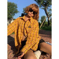 Dopamine yellow plaid shirt in loose fit cardigan style with polyester blend fabric