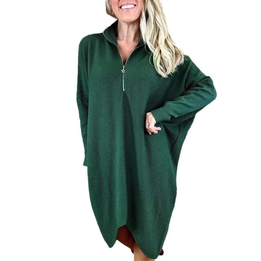 Women's solid colour loose knitted dress with zip front and raglan sleeves