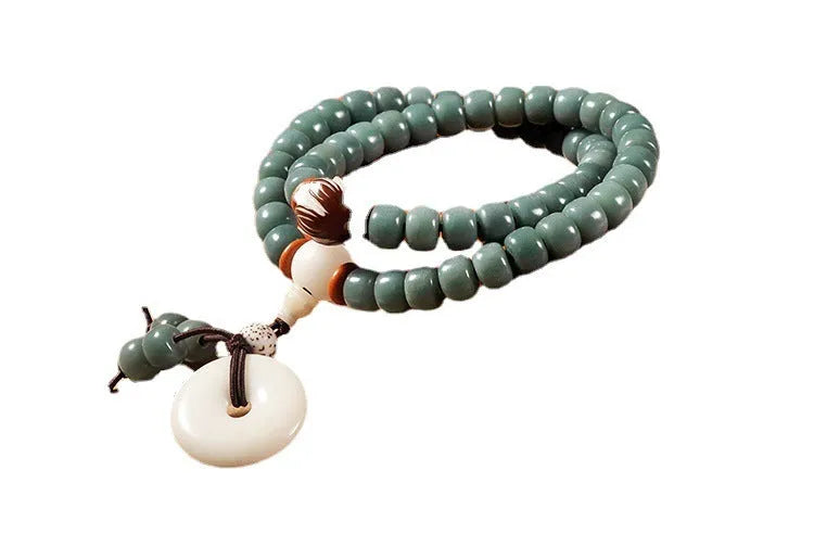 White jade and green sandalwood Bodhi seed bracelet with double ring safety buckle