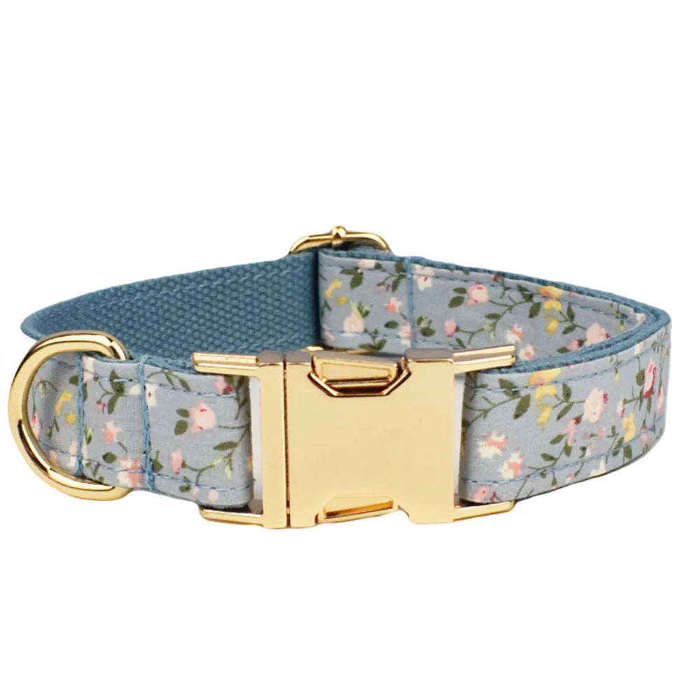 Dog collar set with floral polyester cotton bow attachment in five sizes