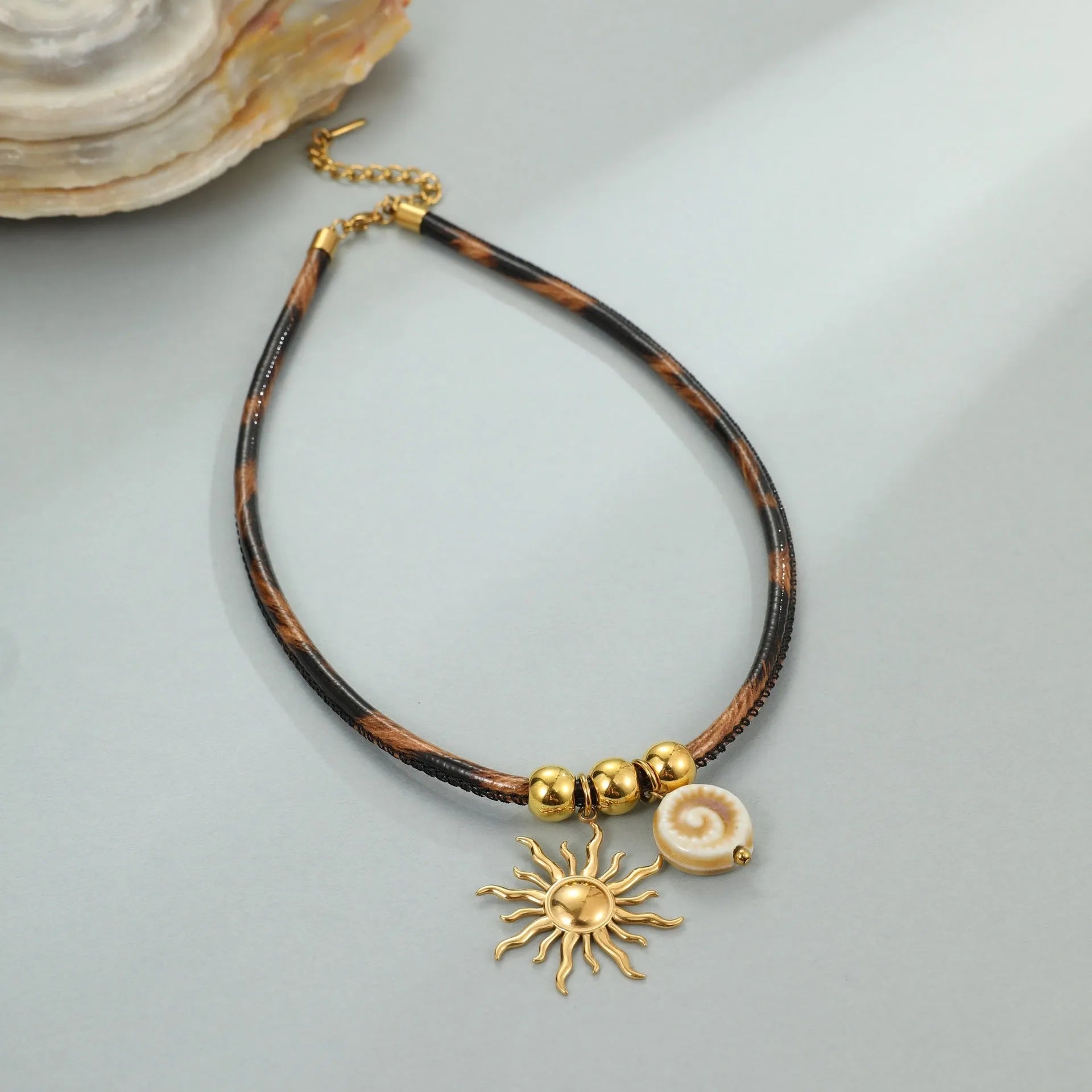 Leopard leather geometric pendant stainless steel necklace for women with adjustable chain