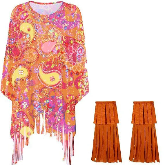 Tie dye cloak costume with rainbow printing and dramatic bell sleeves for Halloween parties