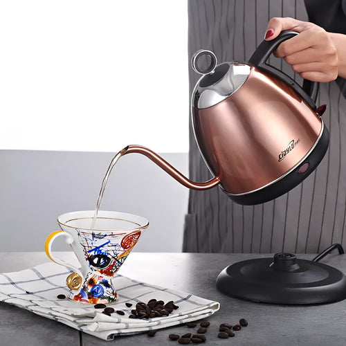 Automatic stainless steel kettle with touch controls in gold colour showing 1.0 litre capacity markings