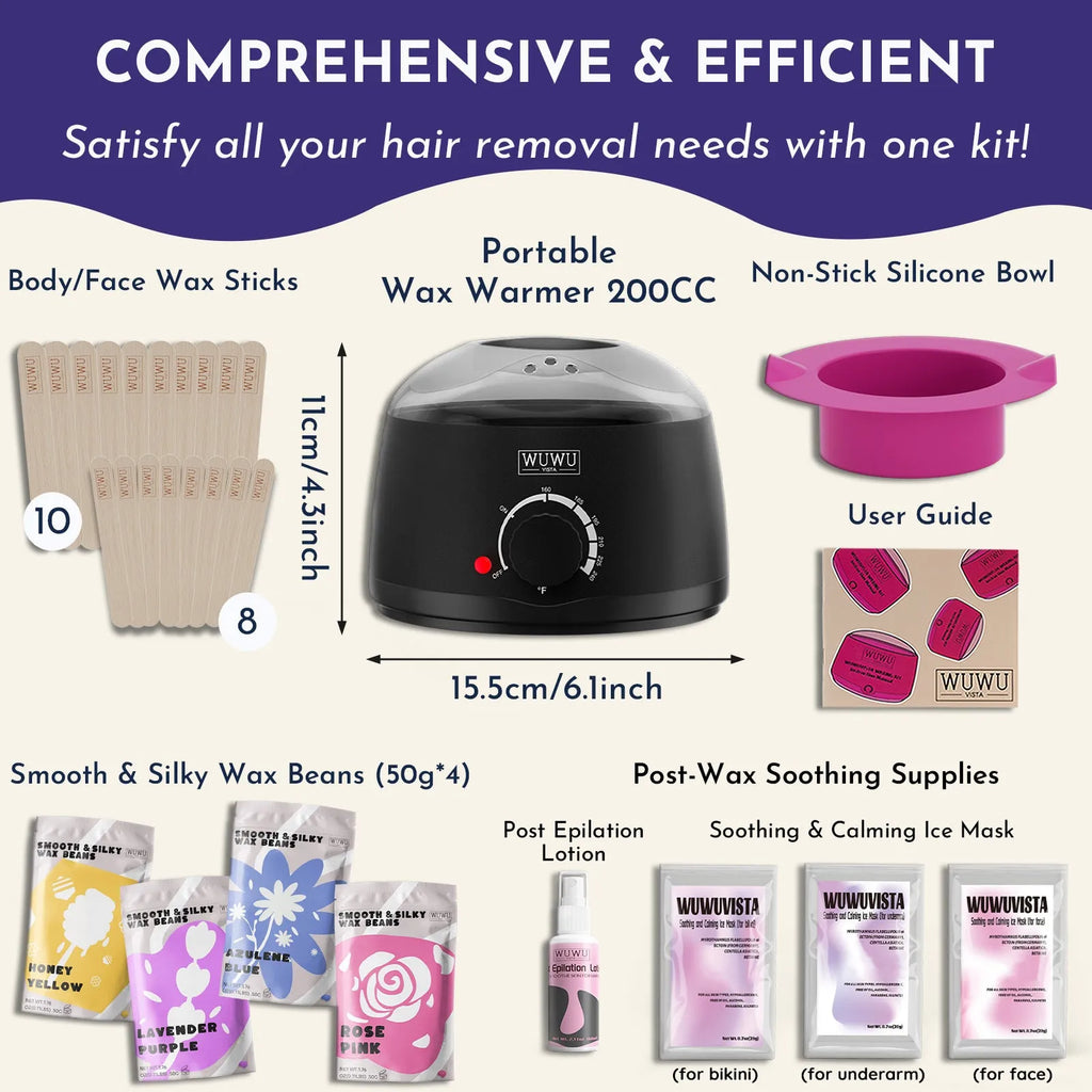 29 piece hard wax hair removal kit with black wax warmer, four wax bean colours, wax sticks and aftercare products