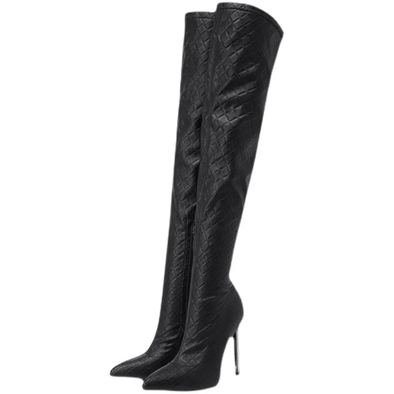 Black over-the-knee boots with 11cm stiletto heel, side zipper, and stretch shaft on display