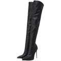 Black over-the-knee boots with 11cm stiletto heel, side zipper, and stretch shaft on display