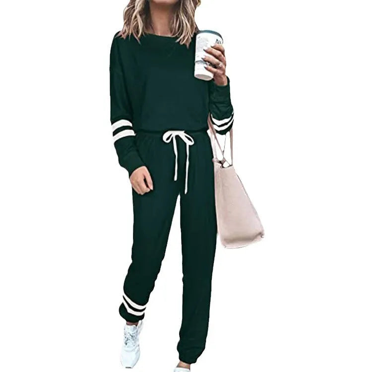 Women's plus size casual suit with long sleeve top and trousers in cotton blend fabric