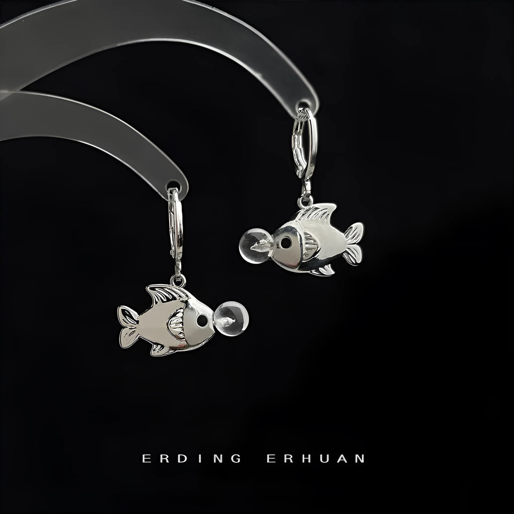 A pair of goldfish-design bubble fish earrings made from electroplated copper.