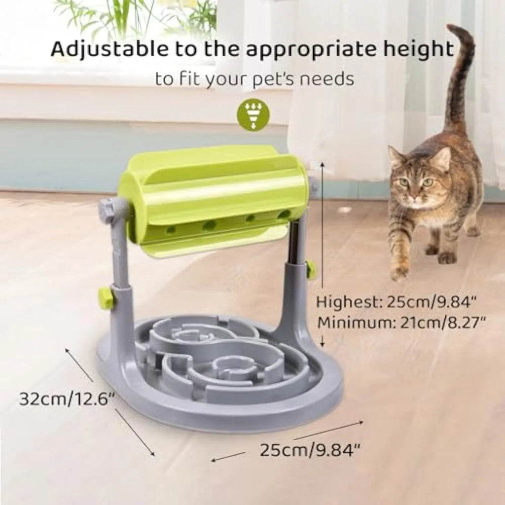 Blue interactive pet puzzle feeder bowl with adjustable height mechanism and raised patterns