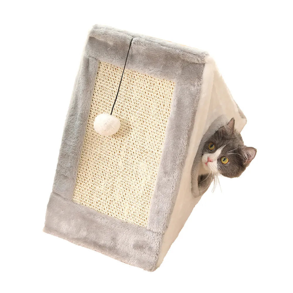 Triangle-shaped cat bed with sisal scratching corners in grey and white colour combination