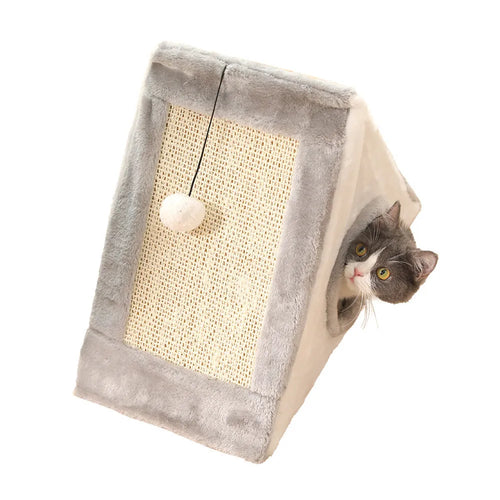 Triangle-shaped cat bed with sisal scratching corners in grey and white colour combination