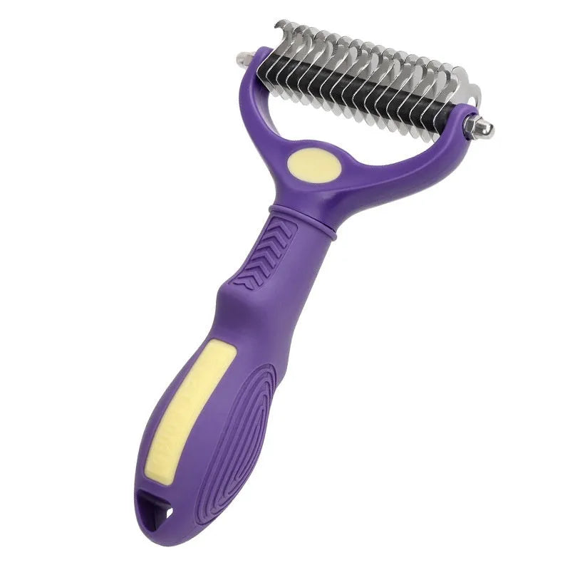 Purple plastic double-sided pet comb with fine and wide teeth for knot removal