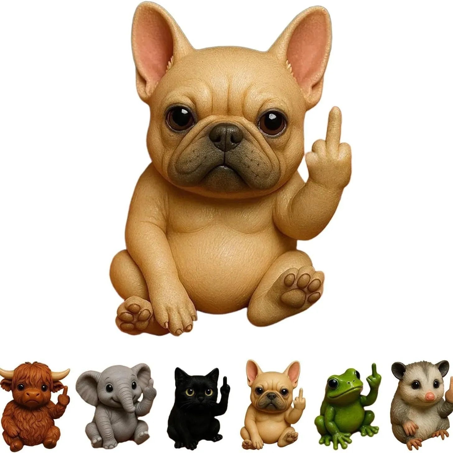 Resin animal vertical middle finger doll ornament in cat, dog, elephant, frog, Highland cattle, mouse, and turtle styles.