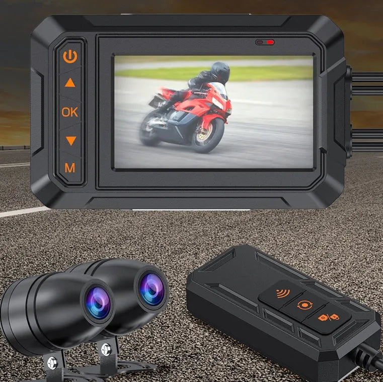 MT65 motorcycle dash cam with 3-inch display mounted on motorcycle handlebar