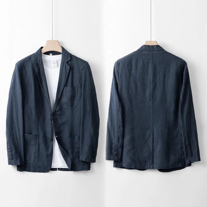 Men's solid colour linen casual blazer jacket shown in a loose fit style.