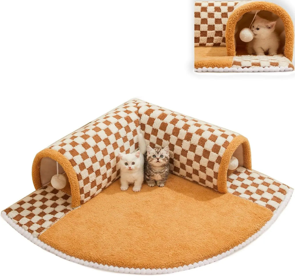 XL soft brown plaid cat tunnel bed with central mat and non-slip bottom on a wooden floor.