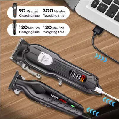 Black men's hair clipper set with LED display, aluminium foil shaver attachment and USB charging cable