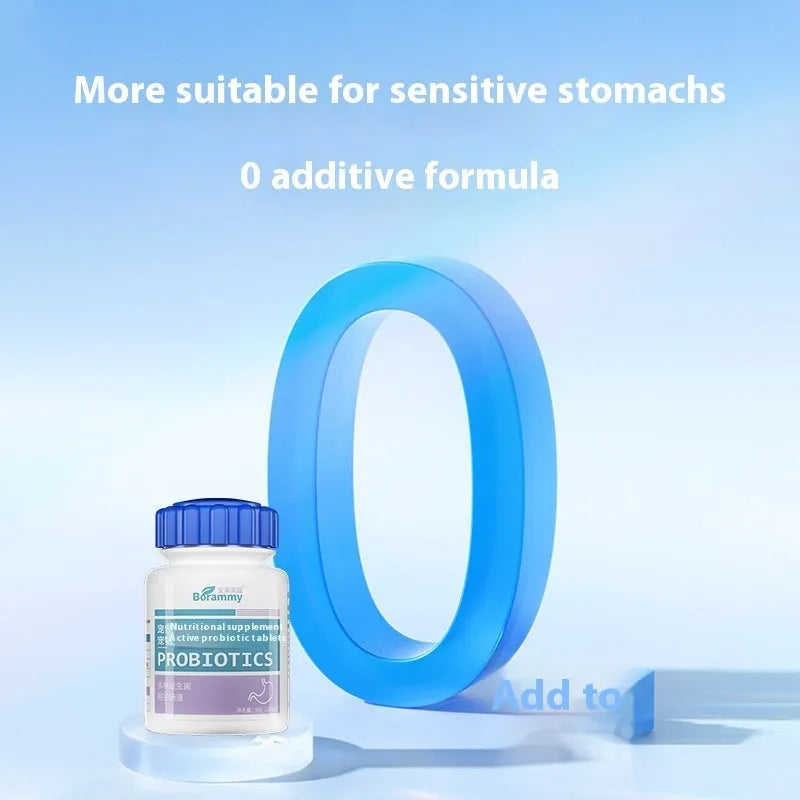 Bottle of 180 pet probiotic tablets for cat and dog digestive health supplement