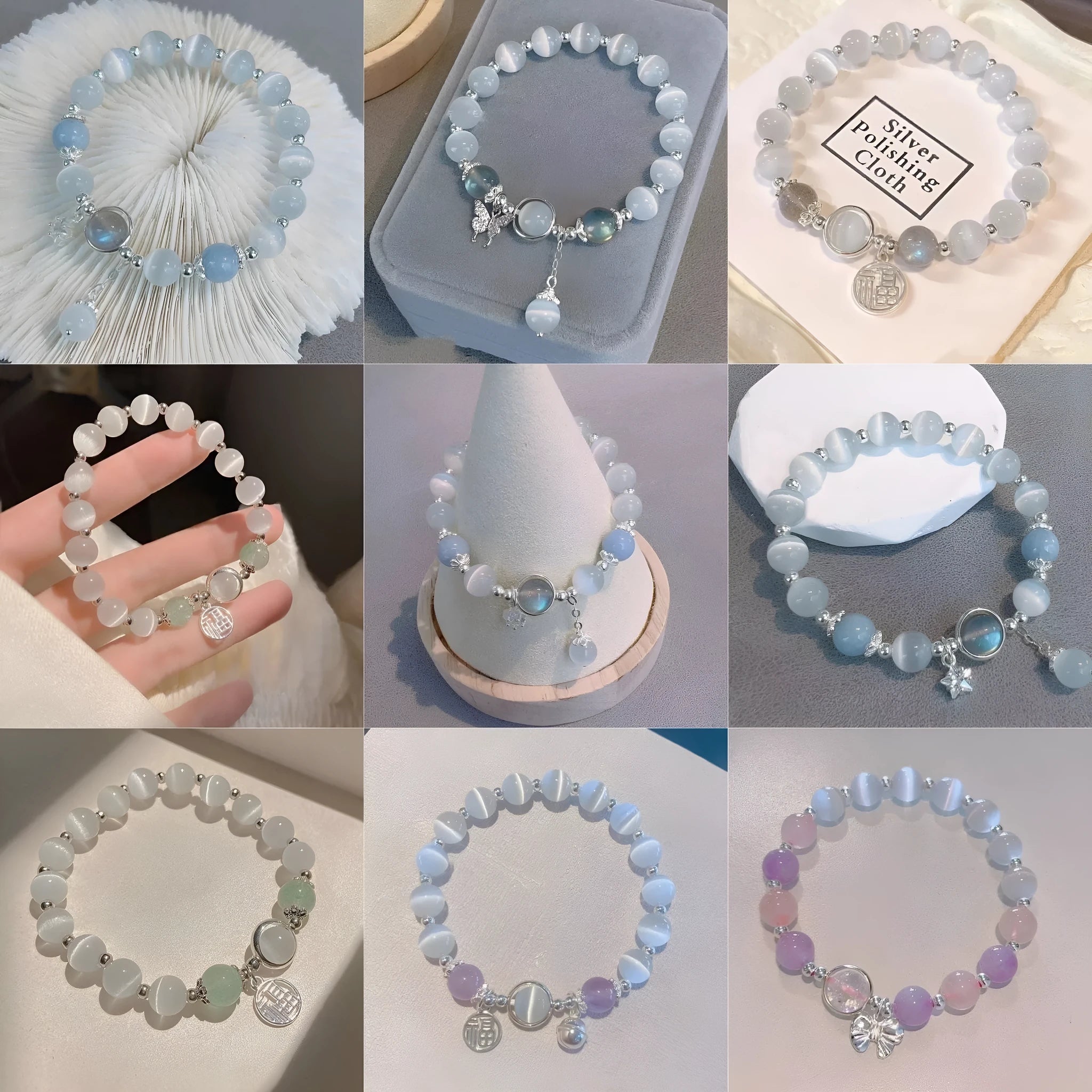 Handcrafted glass butterfly bracelet with drop-shaped moonlight grey beads and special-interest design