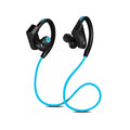 Black wireless Bluetooth neckband earphones with earpieces showing, placed next to a USB charging cable on a white background.