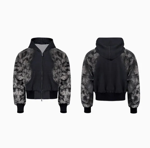 Street trend loose fit printed polyester trousers and hoodie set shown in three colour options